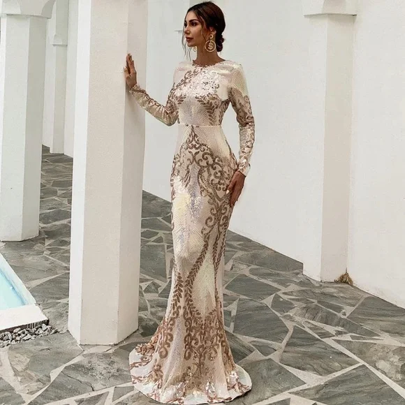 Dresses | Long Sleeve Backless Sequin Gown